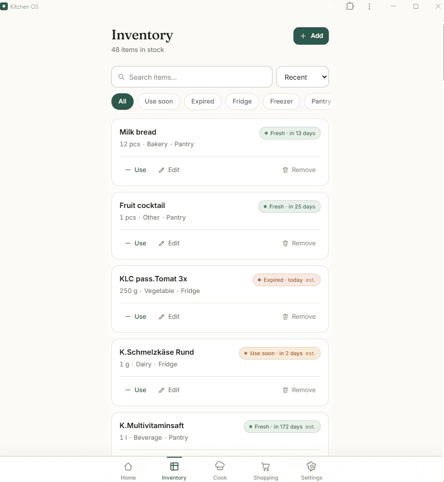 Inventory list with search, sort, and freshness filters