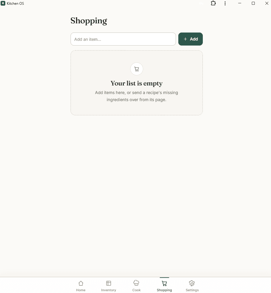 Shopping list empty state, which can also receive a recipe's missing ingredients